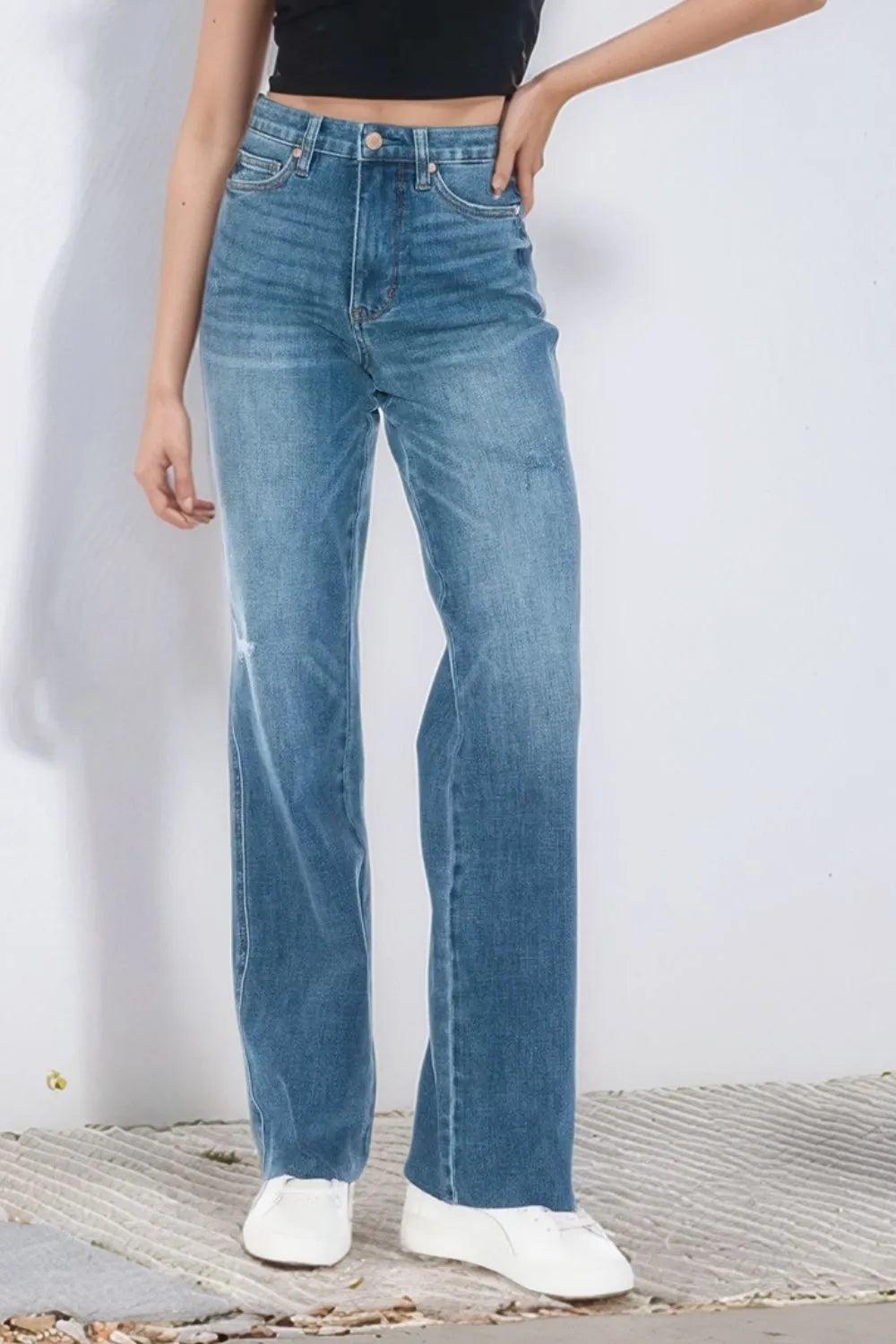 88848   Alora Hi-Rise Tummy Control Cut Raw Hem Straight Judy Blue Jeans Product Image
