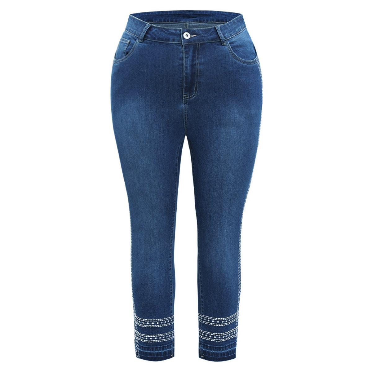 Plus Size Embroidered Raw Edges Zipper Fly Jeans Women Blue Casual Bohemian Print Embroidered High stretch Pocket Jeans BloomChic 28/5X Product Image