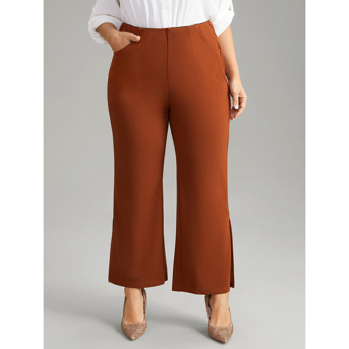 Plus Size Plain Split Side Pocket Pants Women Rust Elegant Flare Leg High Rise Dailywear Pants BloomChic 10/M Product Image