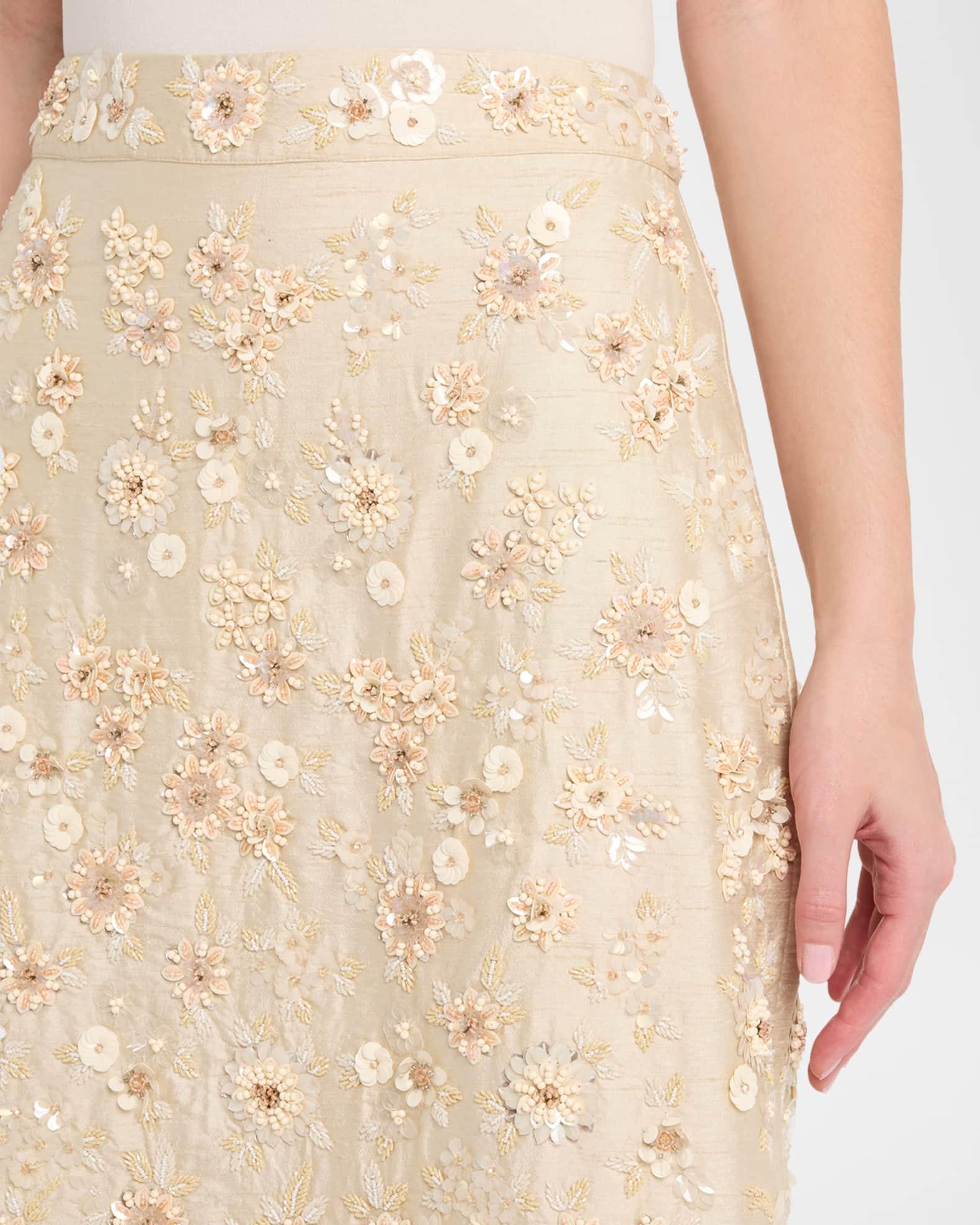 Floral Embroidered Silk Midi Skirt Product Image
