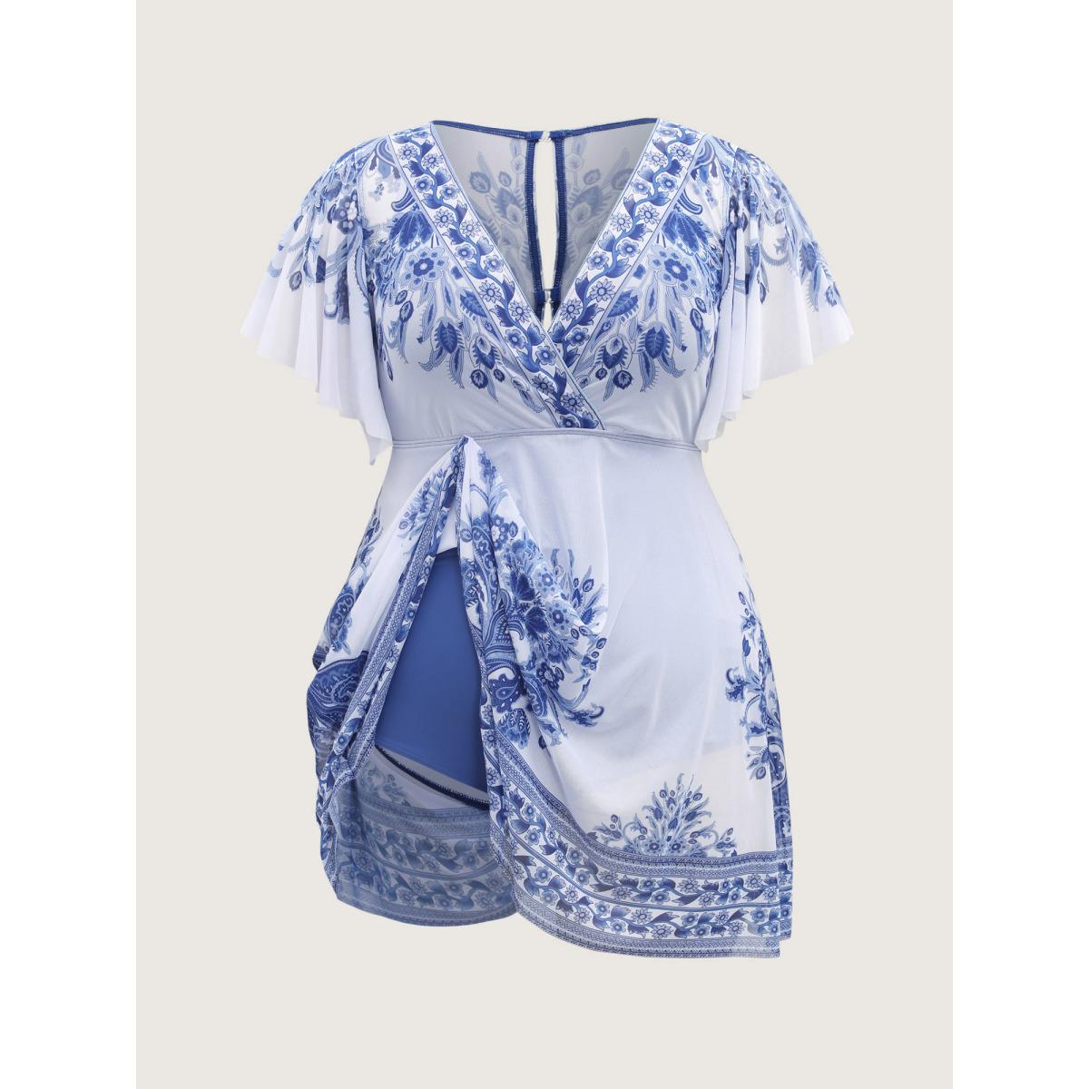 Plus Size Boho Print Sheer Back Adjustable Buckle Swim Dress Women's Swimwear Indigo Beach Bodycon Overlap Collar High stretch Curve Swim Dresses BloomChic 10/M Product Image