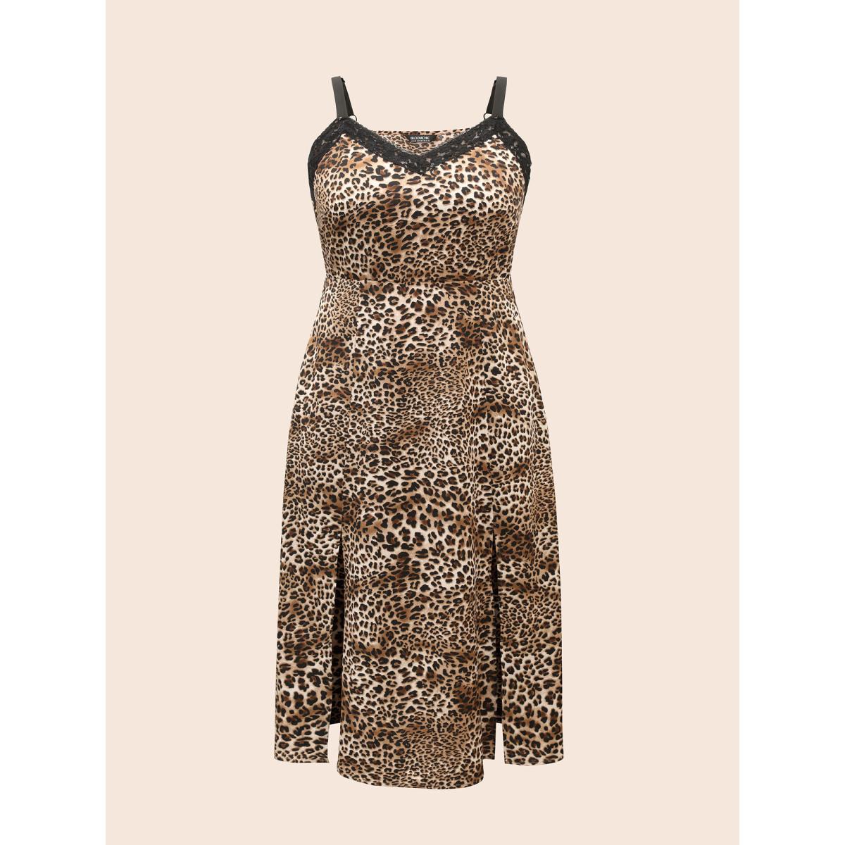 Plus Size Leopard Print Lace Patchwork Slit Hem Dress Multicolor Women Elegant Woven ribbon&lace trim V-neck Sleeveless Curvy BloomChic 30/6X Product Image