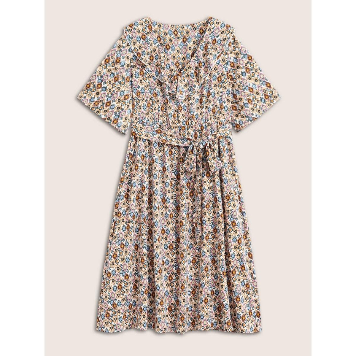 Plus Size Bandana Geometric Ruffle Trim Belted Dress DarkGreen Women Resort Non V-neck Half Sleeve Curvy Midi Dress BloomChic 10/M Product Image