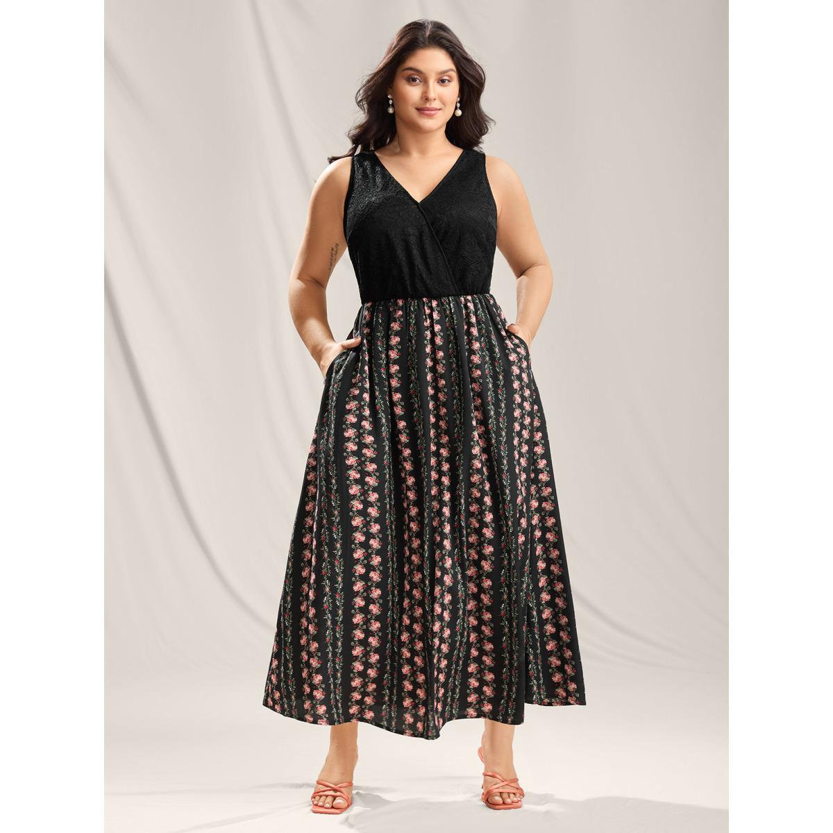 Plus Size Floral Stripes Lace Trim Maxi Dress Black Women Overlap Collar Sleeveless Curvy BloomChic 18-20/2X Product Image