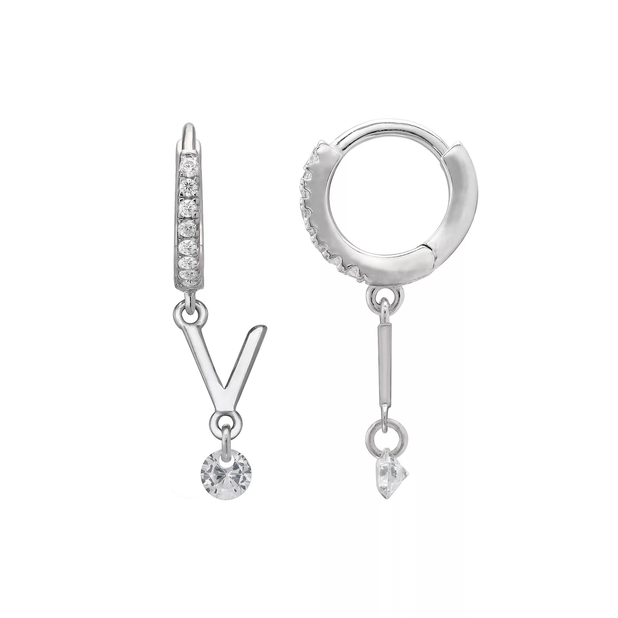 PRIMROSE Sterling Silver Initial Huggie Hoop Drop Earrings, Women's, Sterling Silver U Product Image