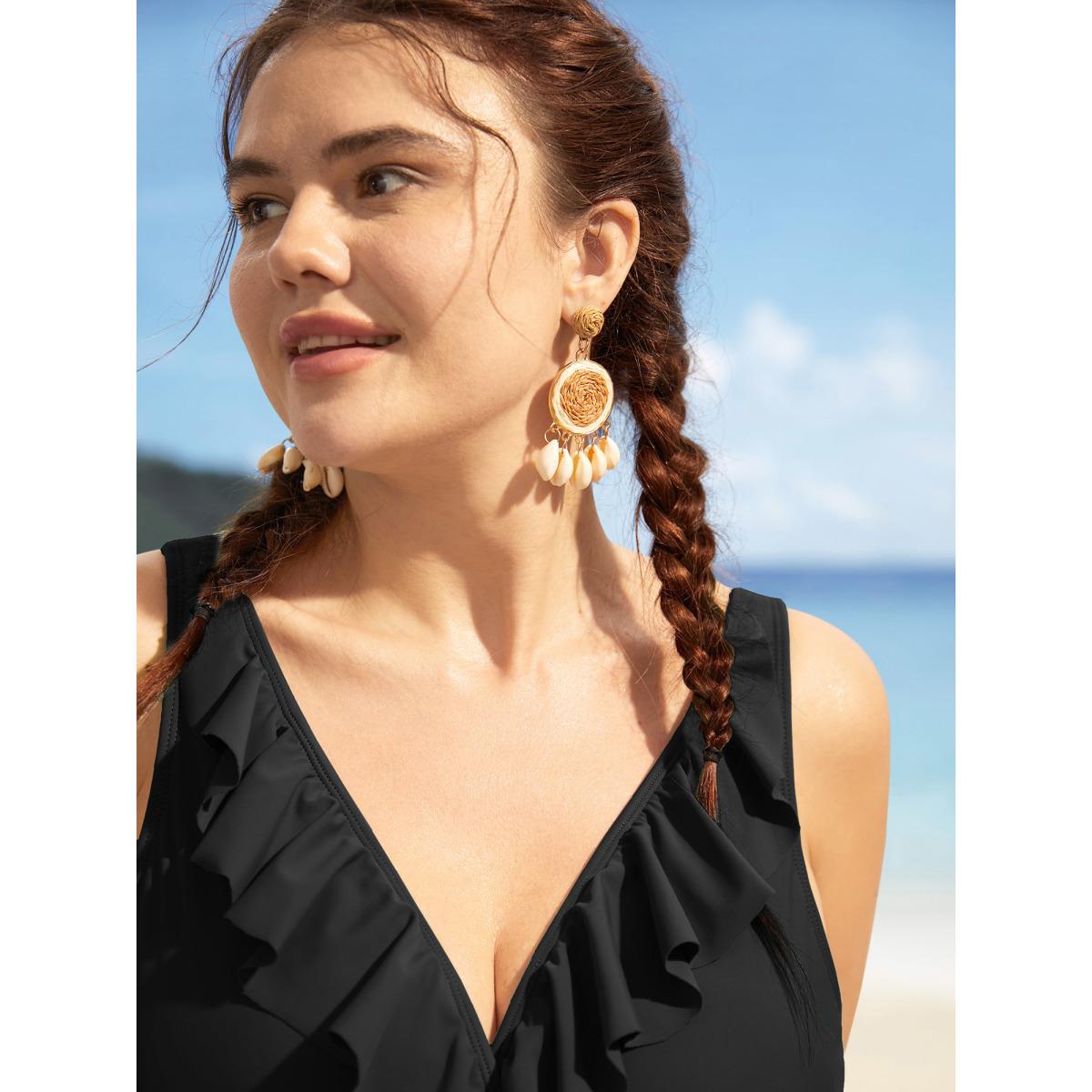 Plus Size Solid Ruffle Surplice Neck Trim Swim Top Women's Swimwear Black Resort Ruffles High stretch Skinny Overlap Collar Curve Swim Tops BloomChic 26/4X Product Image