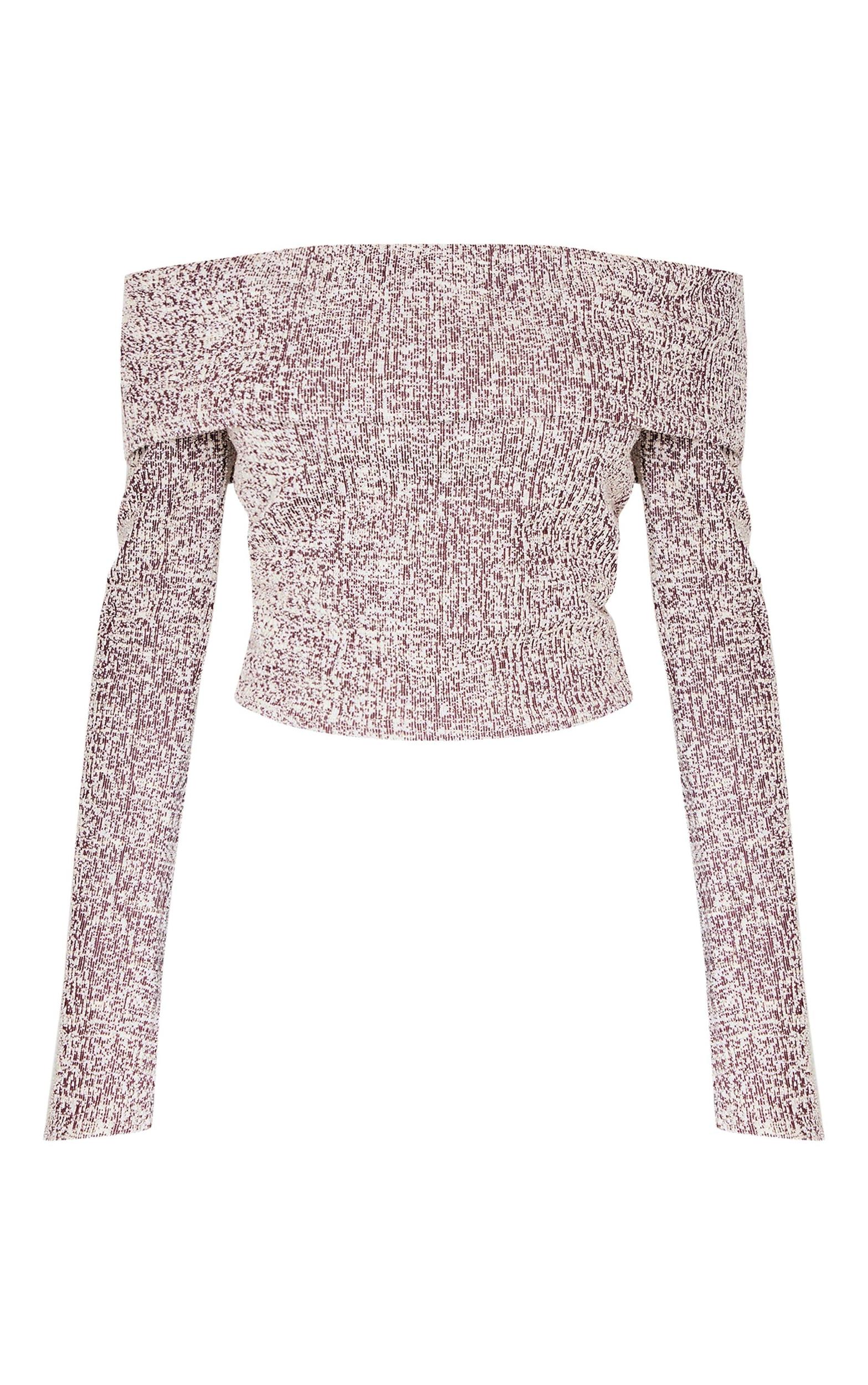 Burgundy Boucle Fold Over Bardot Long Sleeve Top Product Image