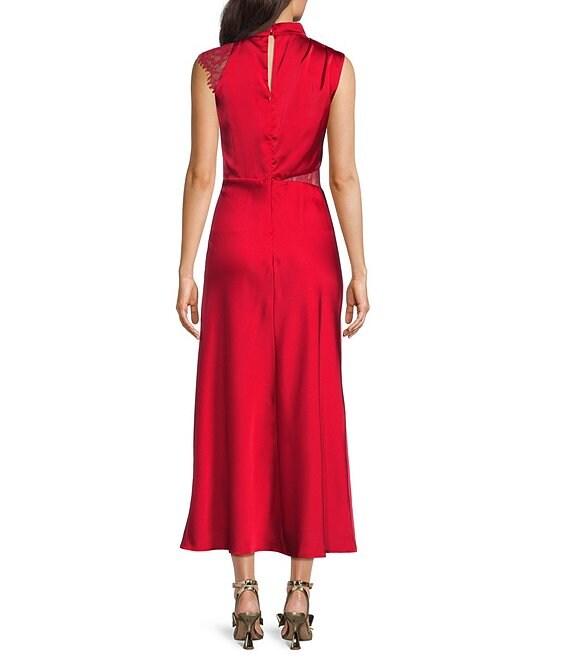 Petal & Pup Anabelle Satin Asymmetric Halter Neck Lace Sleeveless Shift Midi Dress Product Image