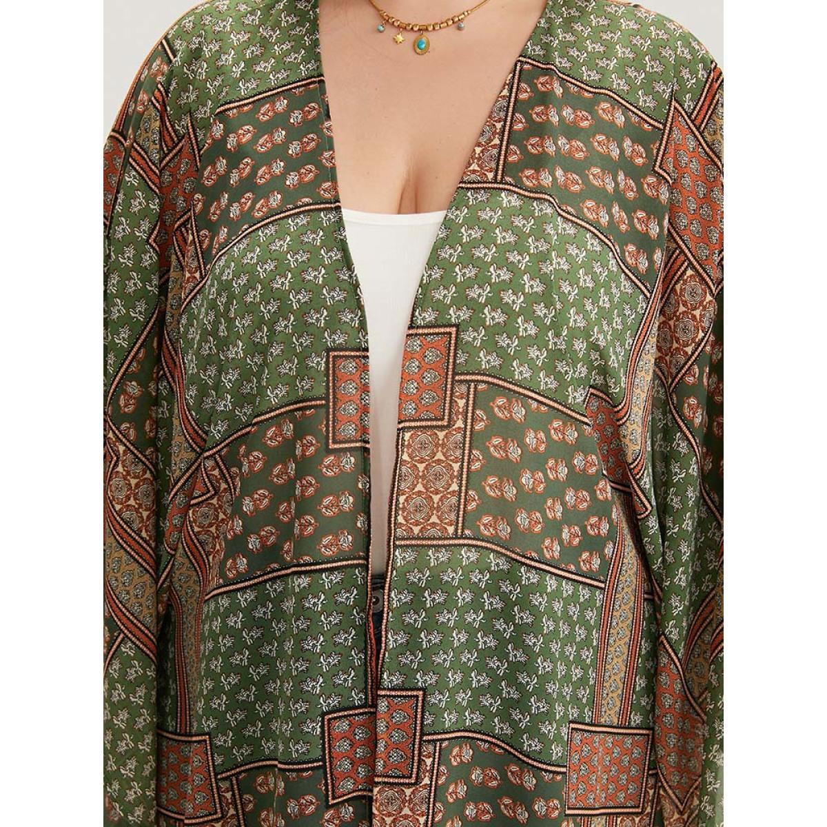 Plus Size Bandana Print Tassels Trim Asymmetrical Hem Kimono Women Moss Casual Drape Loose Dailywear Kimonos BloomChic 26/4X Product Image