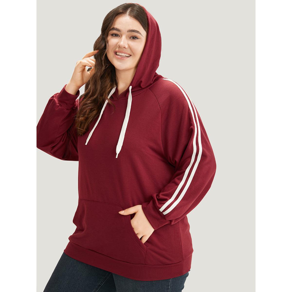Plus Size Contrast Seam Detail Drawstring Pocket Hooded Raglan Sleeve Sweatshirt Women Red Casual Elastic cuffs Hooded Dailywear Sweatshirts BloomChic 12/L Product Image