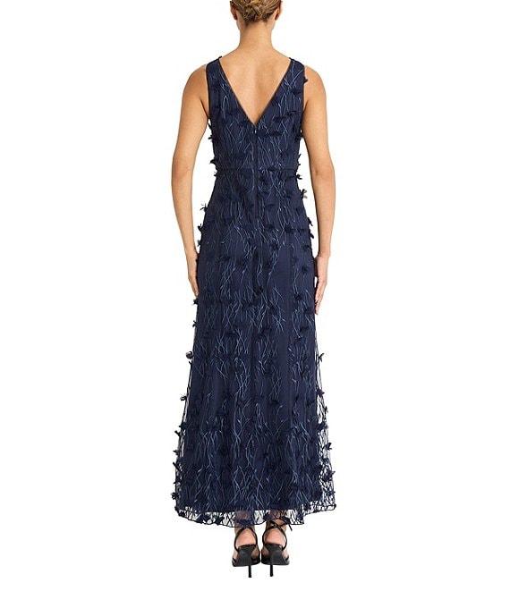Maggy London V-neck Sleeveless 3D Floral Applique Embroidered Mesh Sheath Gown Product Image