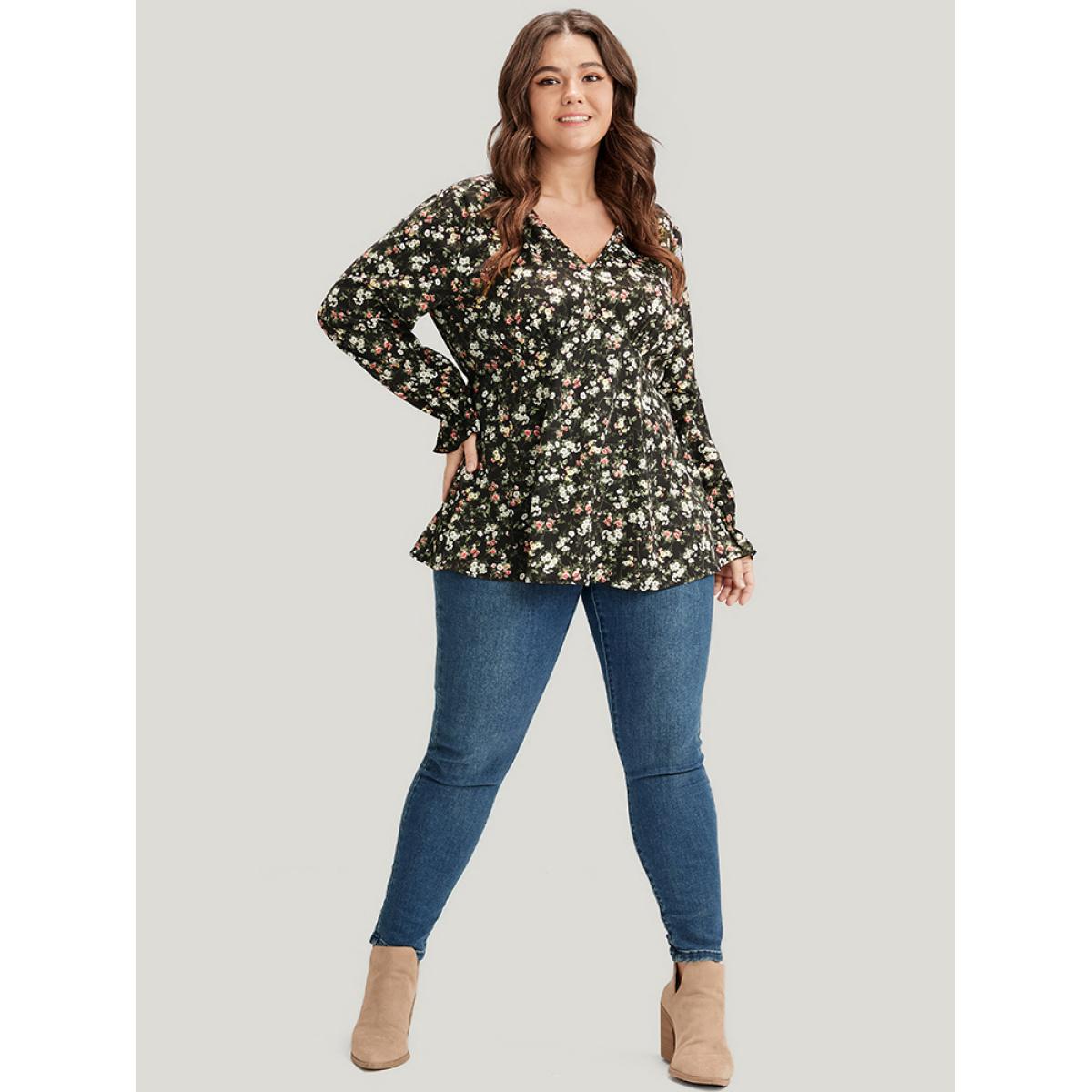 Plus Size Black Floral V Neck Lantern Sleeve Ruffles Blouse Women Elegant Long Sleeve V-neck Dailywear Blouses BloomChic 14-16/1X Product Image