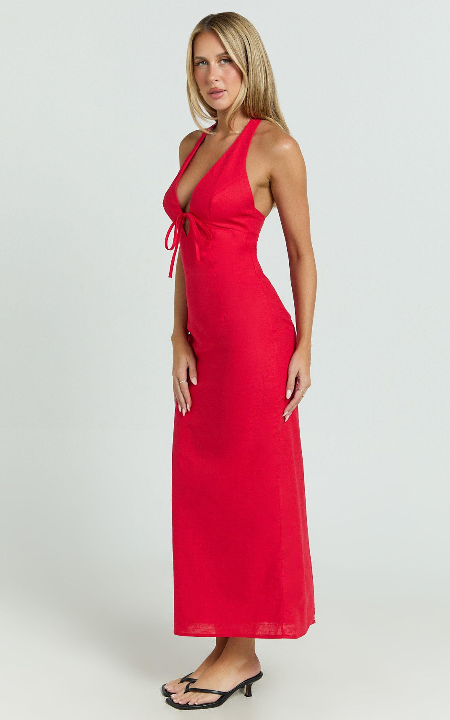Lyla Midi Dress - Tie Front Plunge Halter Linen Blend Dress in Red Product Image