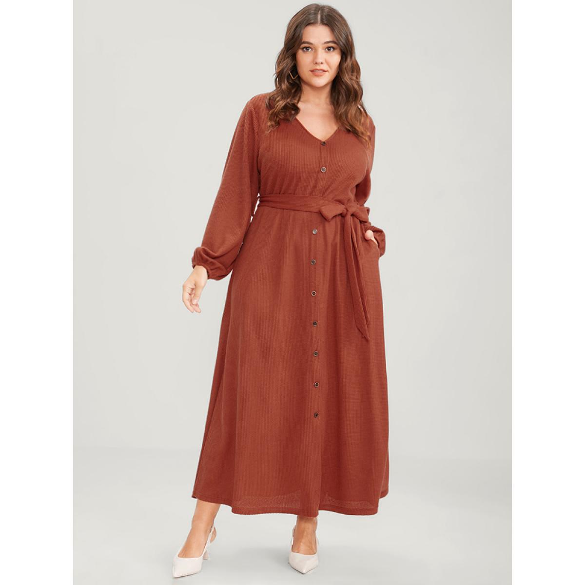 Plus Size Solid Lantern Sleeve Pocket Button Detail Waffle Knit Belted Dress Rust Women Elegant Button V-neck Long Sleeve Curvy Long Dress BloomChic 10/M Product Image