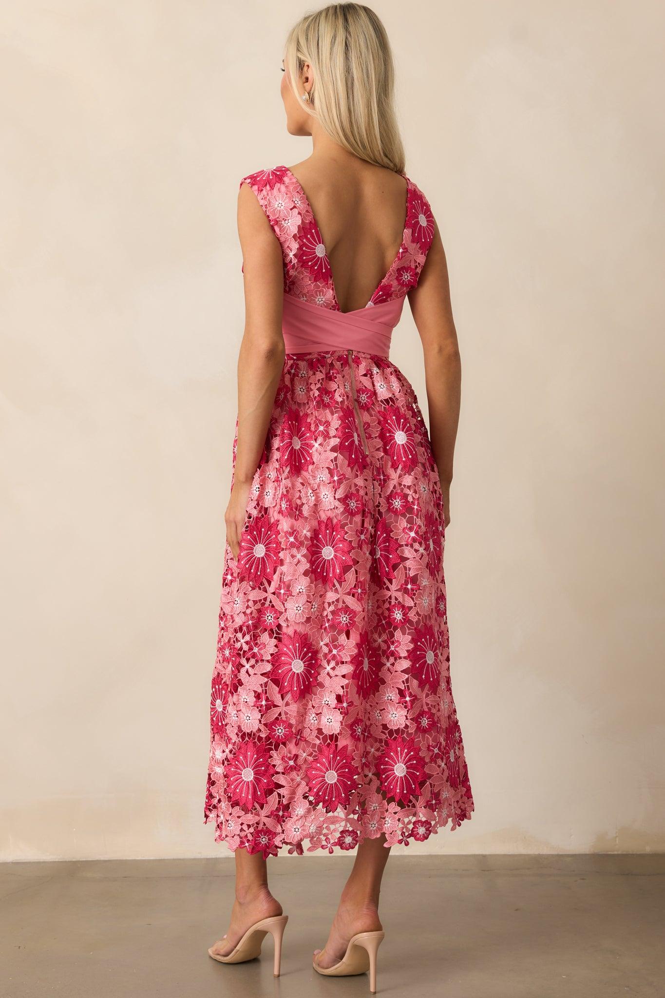 First Dance Pink Floral Embroidered Midi Dress Product Image