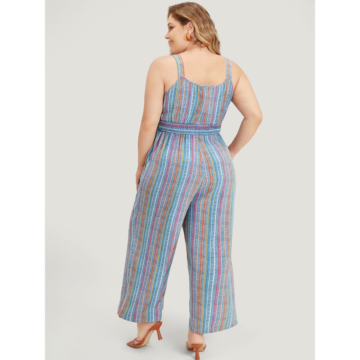 Plus Size Stone Striped Contrast Buckle Detail Pocket Shirred Jumpsuit Women Vacation Sleeveless Spaghetti Strap Dailywear Loose Jumpsuits BloomChic 30/6X Product Image