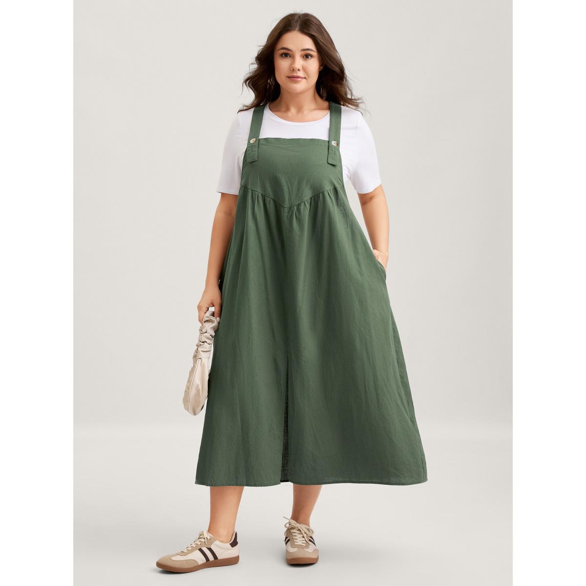Plus Size Overall Straps Front Slit Pockets Midi Dress Emerald Women Leisure Square Neck Sleeveless Curvy BloomChic 10/M Product Image