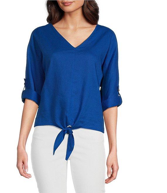 Charlie B. Linen Blend V-Neck 3/4 Sleeve Tie Front Top Product Image