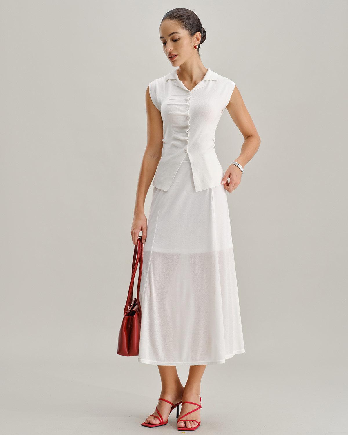White Elastic Waist Straight Midi Skirt Product Image
