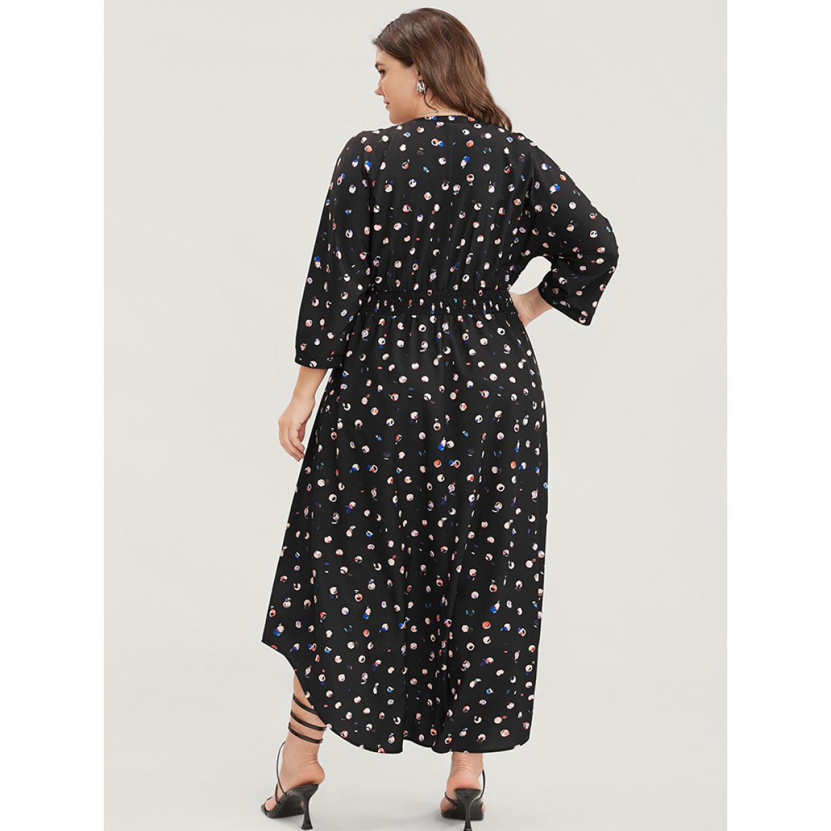 Plus Size Graphic Pocket Surplice Neck Shirred Arc Hem Dress BlackFlower Women Elegant Wrap V-neck Curvy Long Dress BloomChic 30/6X Product Image