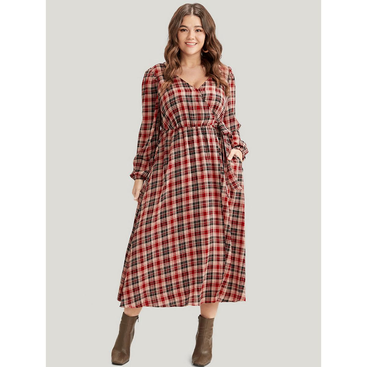 Plus Size Tartan Wrap Lantern Sleeve Pocket Knotted Split Dress Maroon Women Elegant Knotted V-neck Long Sleeve Curvy Midi Dress BloomChic 12/L Product Image