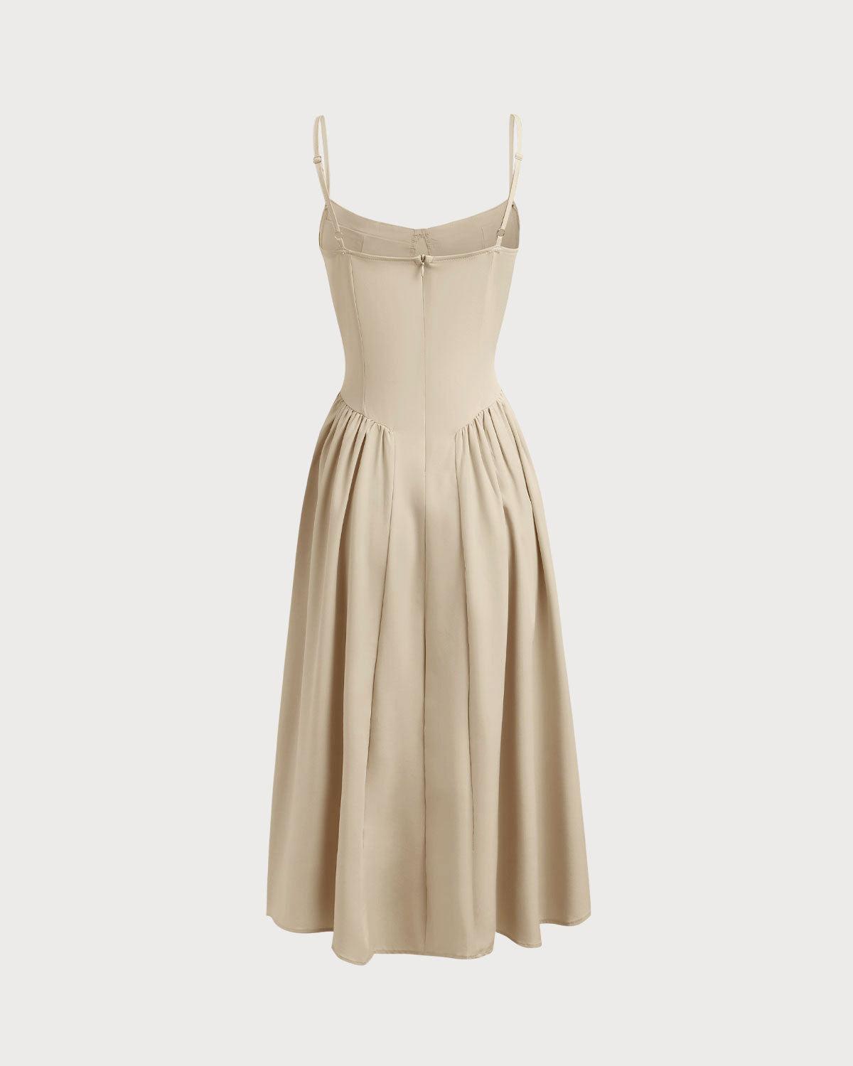 Khaki Square Neck Pocket Slip Midi Dress Product Image