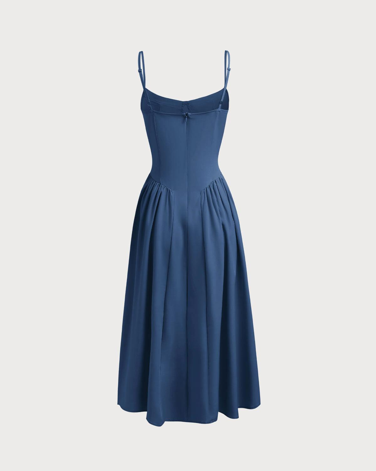 Navy Square Neck Pocket Slip Midi Dress Product Image