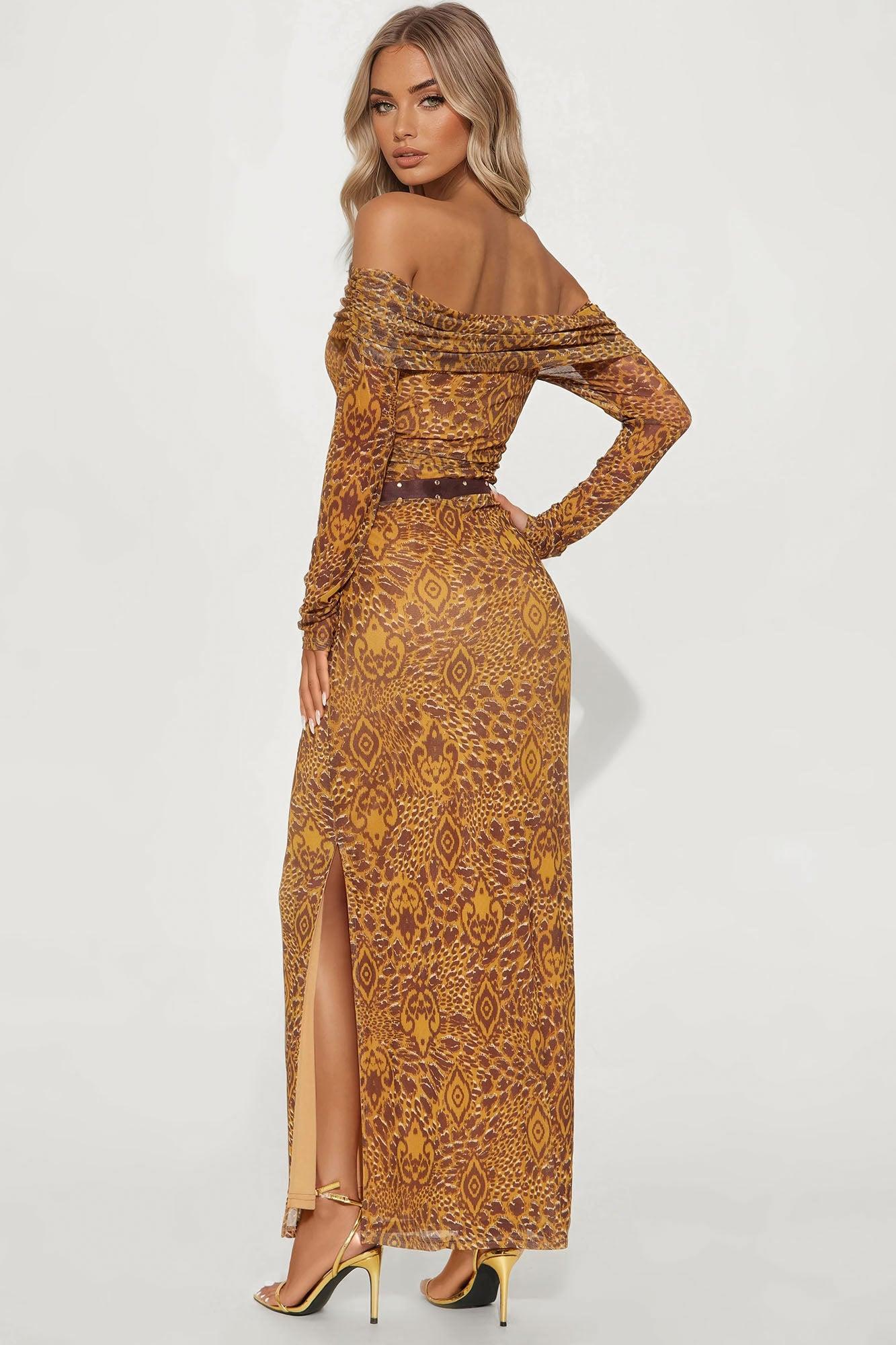 High Roller Long Sleeve Mesh Maxi Dress - Mustard/combo Female Product Image
