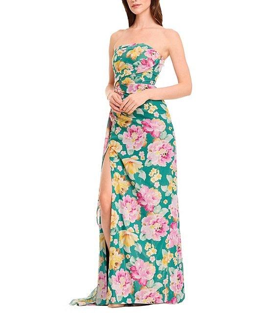 Dress the Population Lulu Strapless Side Ruched Metallic Floral Chiffon Column Gown Product Image