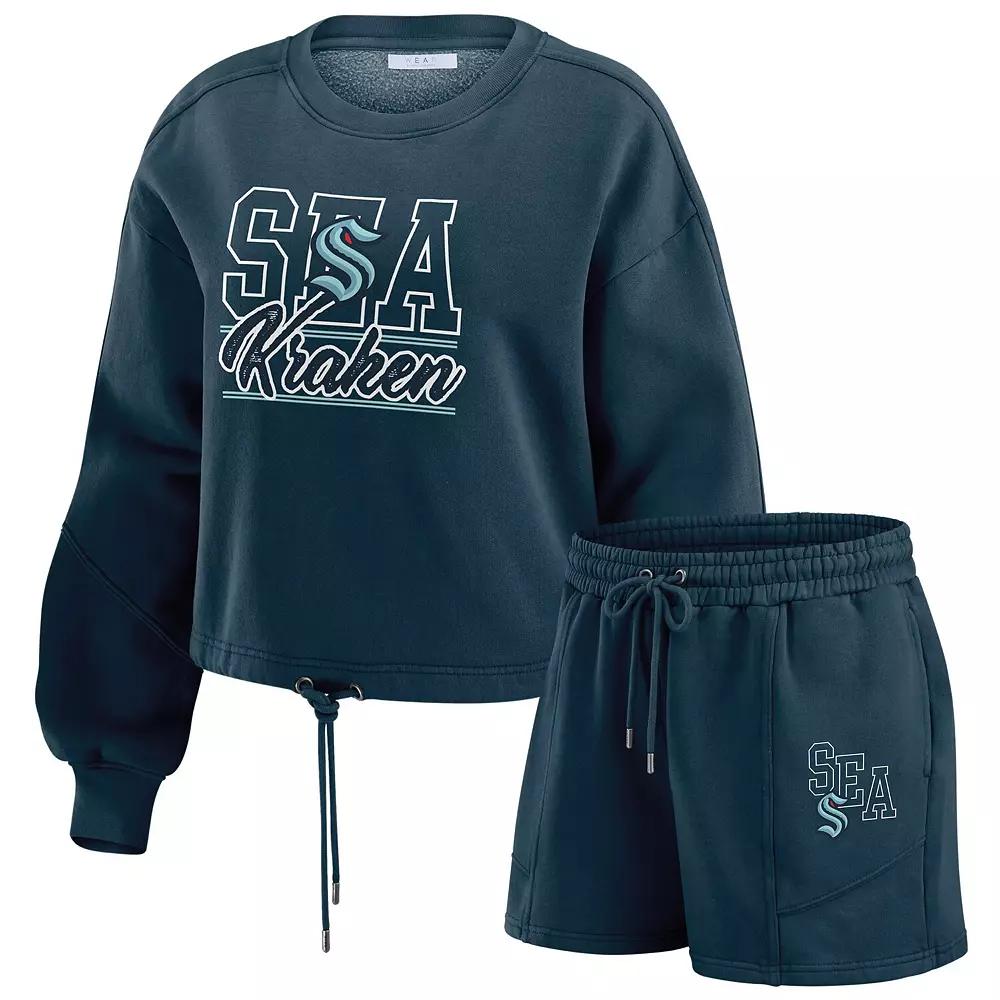 Women's WEAR by Erin Andrews Deep Sea Blue Seattle Kraken Washed Fleece Sweatshirt & Shorts Lounge Set,  Product Image