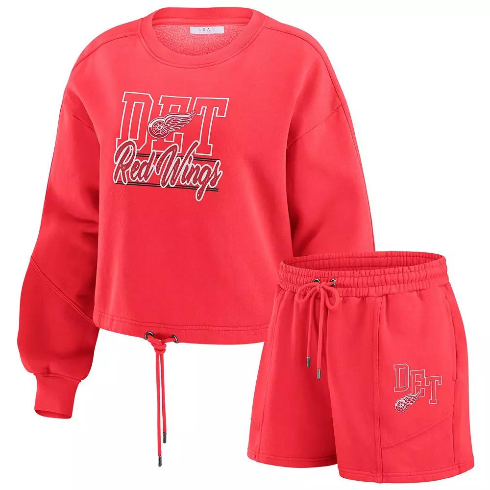 Women's WEAR by Erin Andrews Red Detroit Red Wings Washed Fleece Sweatshirt & Shorts Lounge Set,  Product Image