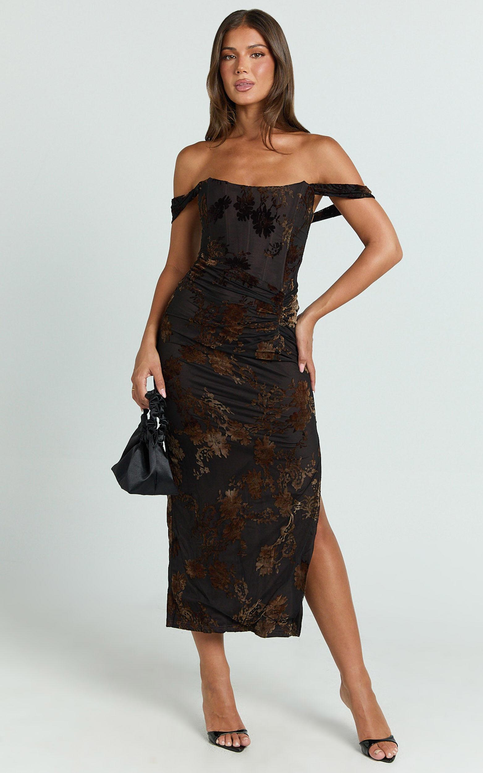 Karlene Midi Dress - Ruched Corset Burnout Dress in Black and Brown Product Image