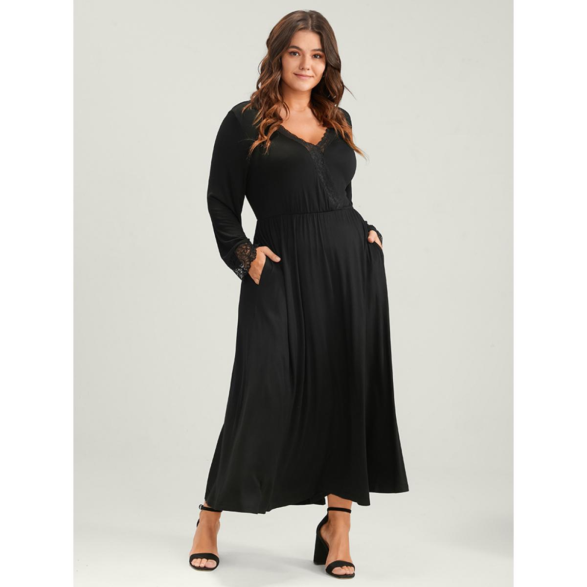 Plus Size Solid Lace Patchwork Pocket Wrap Maxi Dress Without Belt Black Women Elegant Lace V-neck Long Sleeve Curvy Long Dress BloomChic 14-16/1X Product Image