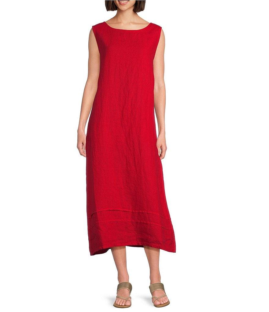 Bryn Walker Light Linen Poppy Round Neck Sleeveless Pintuck Detail Shift Midi Dress Product Image