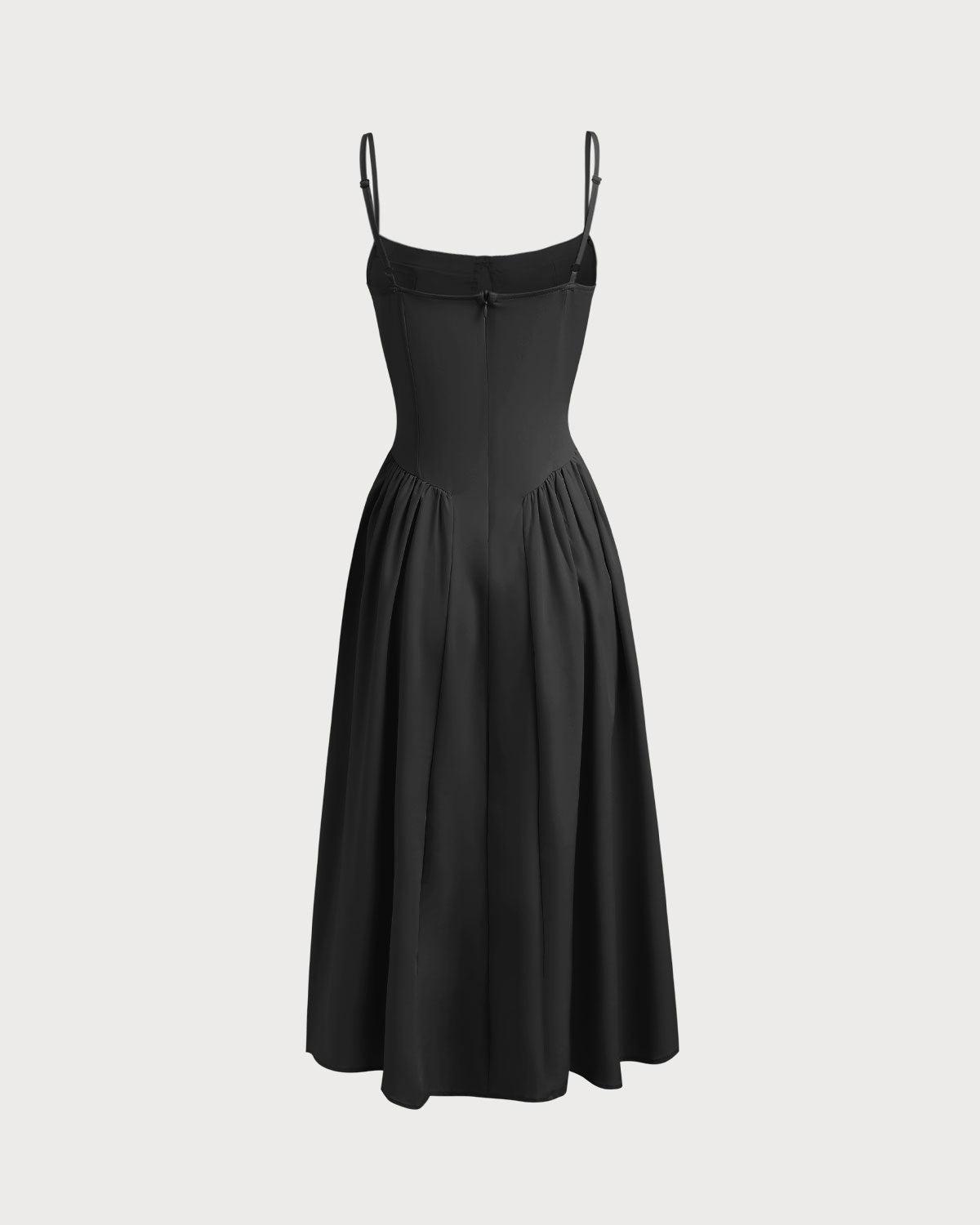 Black Square Neck Pocket Slip Midi Dress Product Image