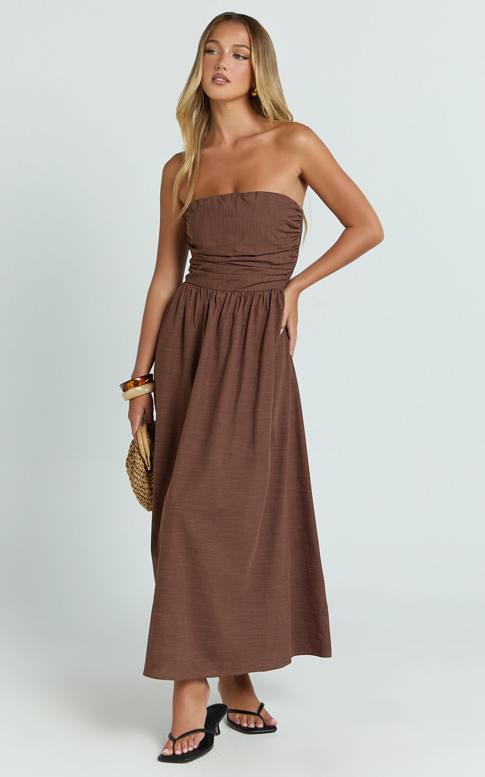 Polly Midi Dress - Strapless Ruched Dress in Chocolate Product Image