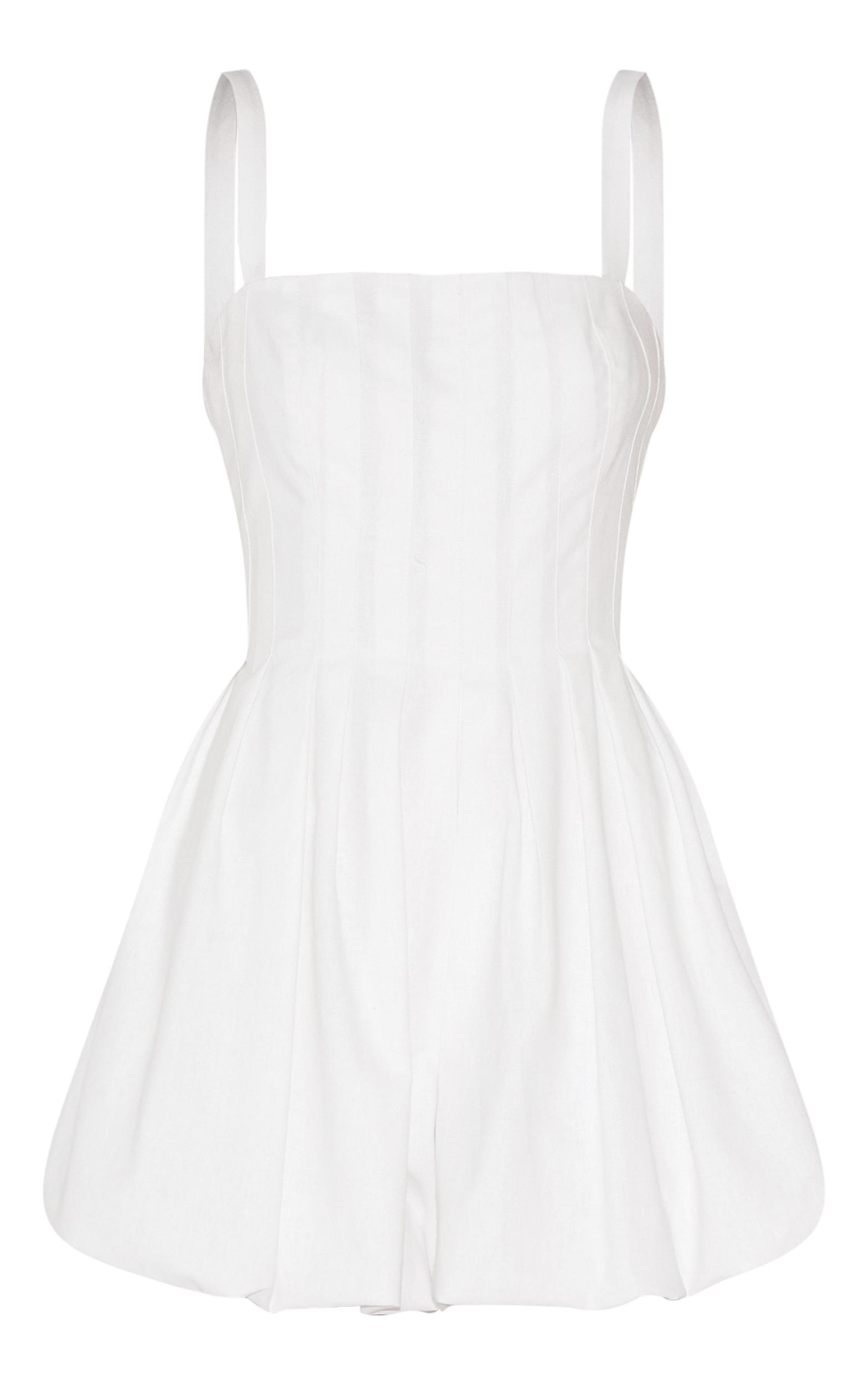 White Twill Pleated Puffball Romper Product Image