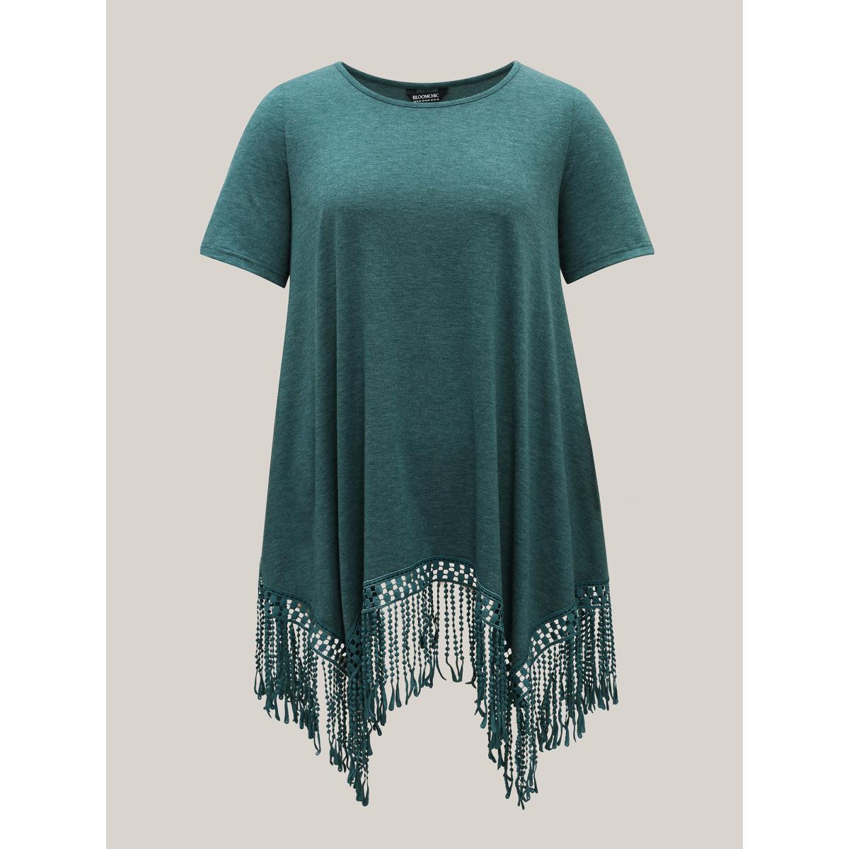 Plus Size Hi-Low Tassel Hem Stretchy Plain T-Shirt DarkGreen Women Elegant Tassels Round Neck Loose Everyday T-shirts BloomChic 14-16/1X Product Image