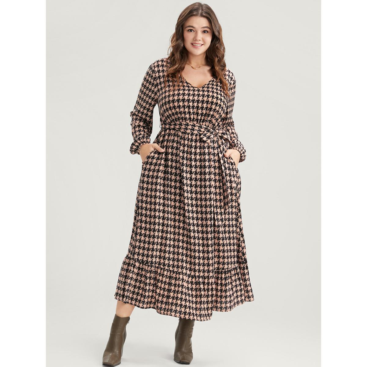 Plus Size Houndstooth V Neck Lantern Sleeve Pocket Belted Ruffles Dress Multicolor Women Elegant Elastic Waist V-neck Long Sleeve Curvy Midi Dress BloomChic 14-16/1X Product Image
