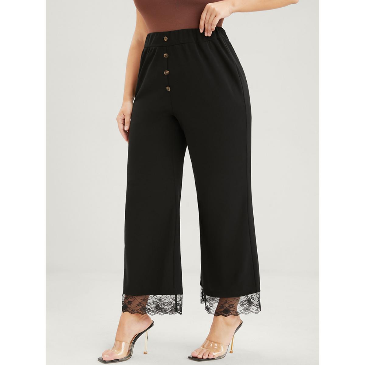 Plus Size Solid Fake Button Scalloped Lace Trim Elastic Waist Pants Women Black Elegant Loose High Rise Dailywear Pants BloomChic 18-20/2X Product Image