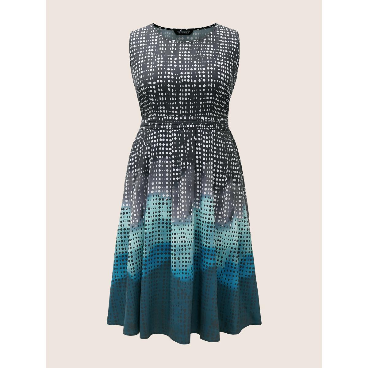 Plus Size Polka Dot Ombre Pleated Pocket Tank Dress Teal Women At the Office Non Round Neck Sleeveless Curvy BloomChic 18-20/2X Product Image