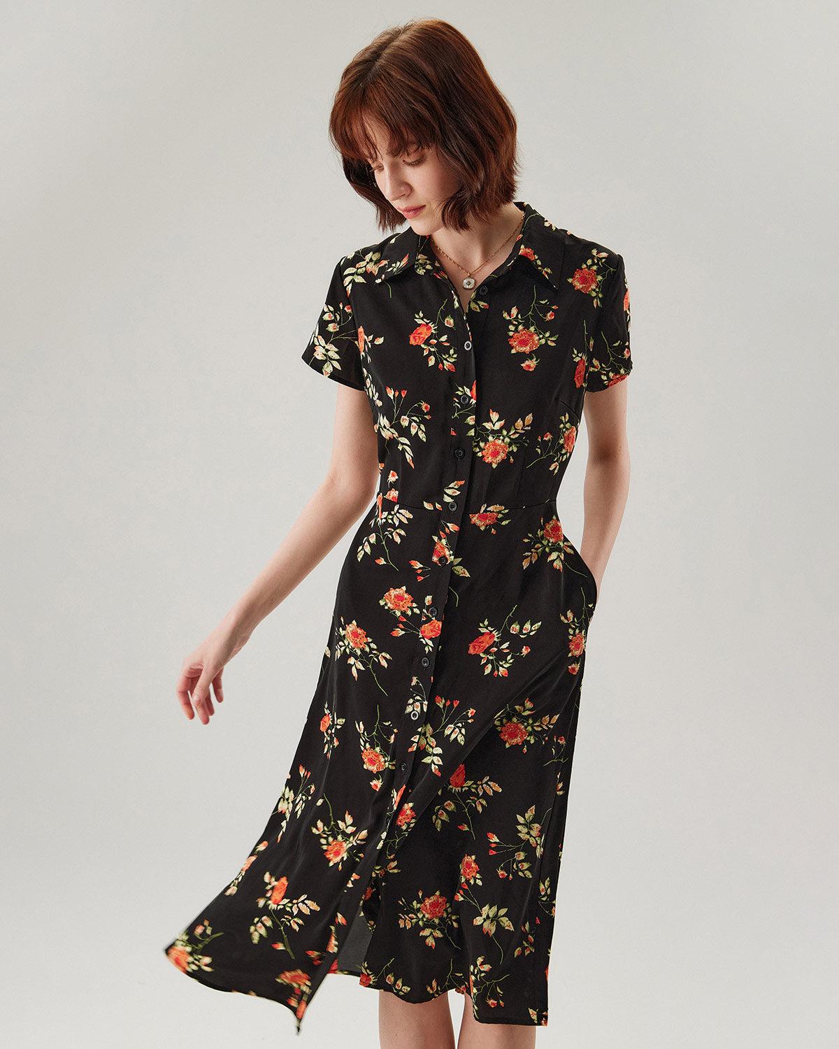 Black Floral Button A-Line Midi Dress Product Image