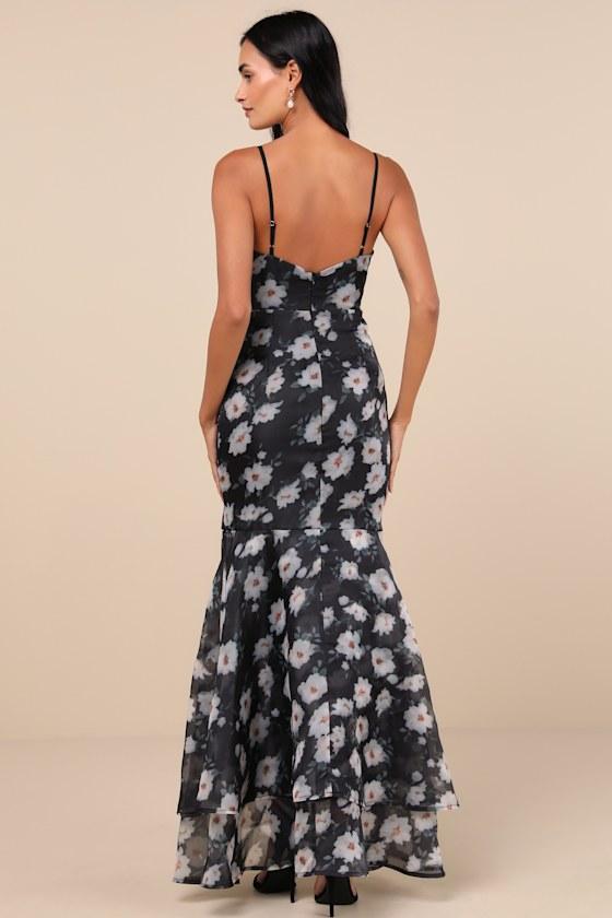 Pure Splendor Black Floral Organza Trumpet Maxi Dress Product Image
