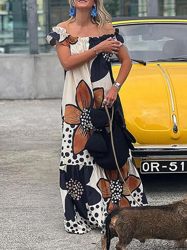 Loose Short Sleeves Flower Print Split-Joint Off-The-Shoulder Maxi Dresses Product Image