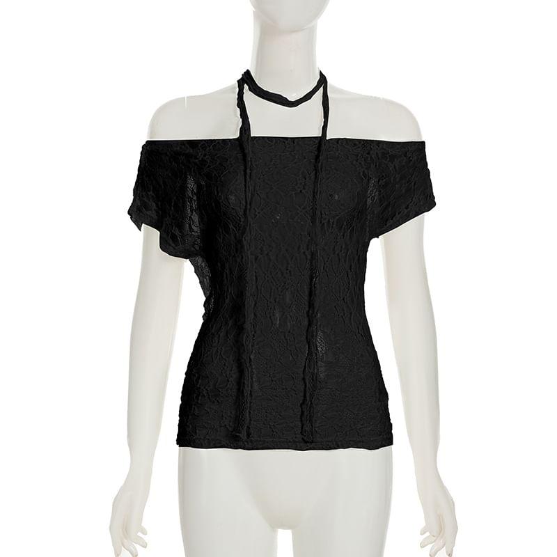 Set: Short-Sleeve Off-Shoulder Lace Top + Thin Scarf Product Image