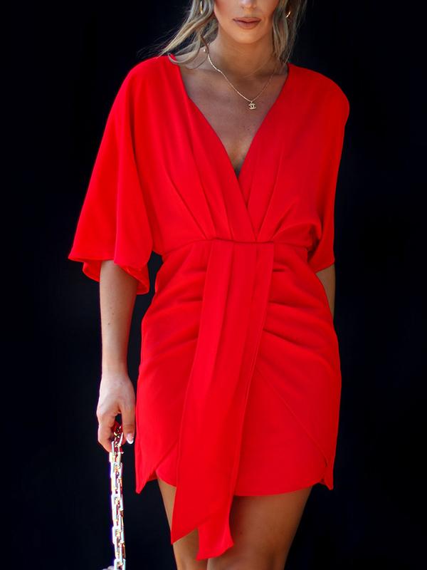 Batwing Sleeves Skinny Pleated Solid Color Split-Joint V-Neck Mini Dresses Product Image