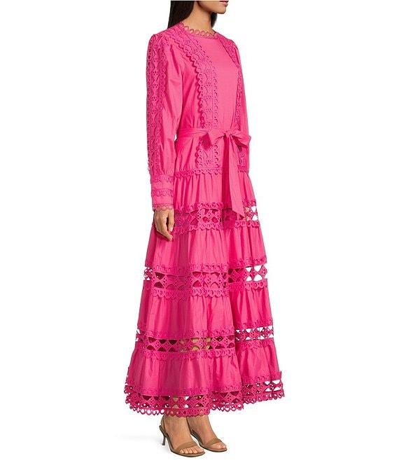 Layered With Love Woven Cotton Crew Neck Blouson Sleeves Belted Crochet Trim A-Line Maxi Dress Product Image