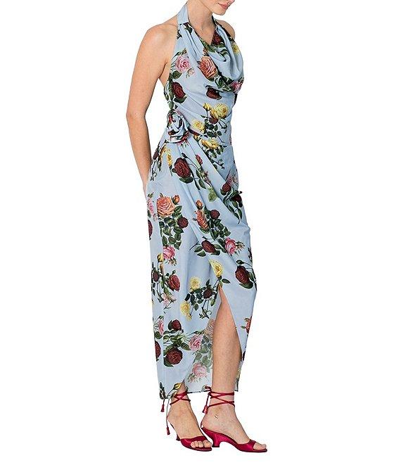 Damaris Bailey Helena Rose Print Halter Neck Sleeveless Sheath Wrap Midi Dress Product Image