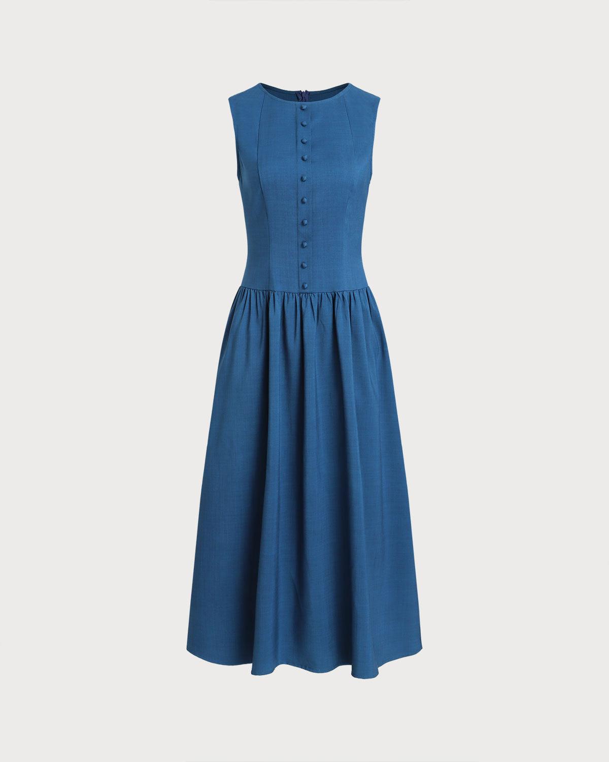 Blue Boat Neck Button Pocket Midi Dress Product Image