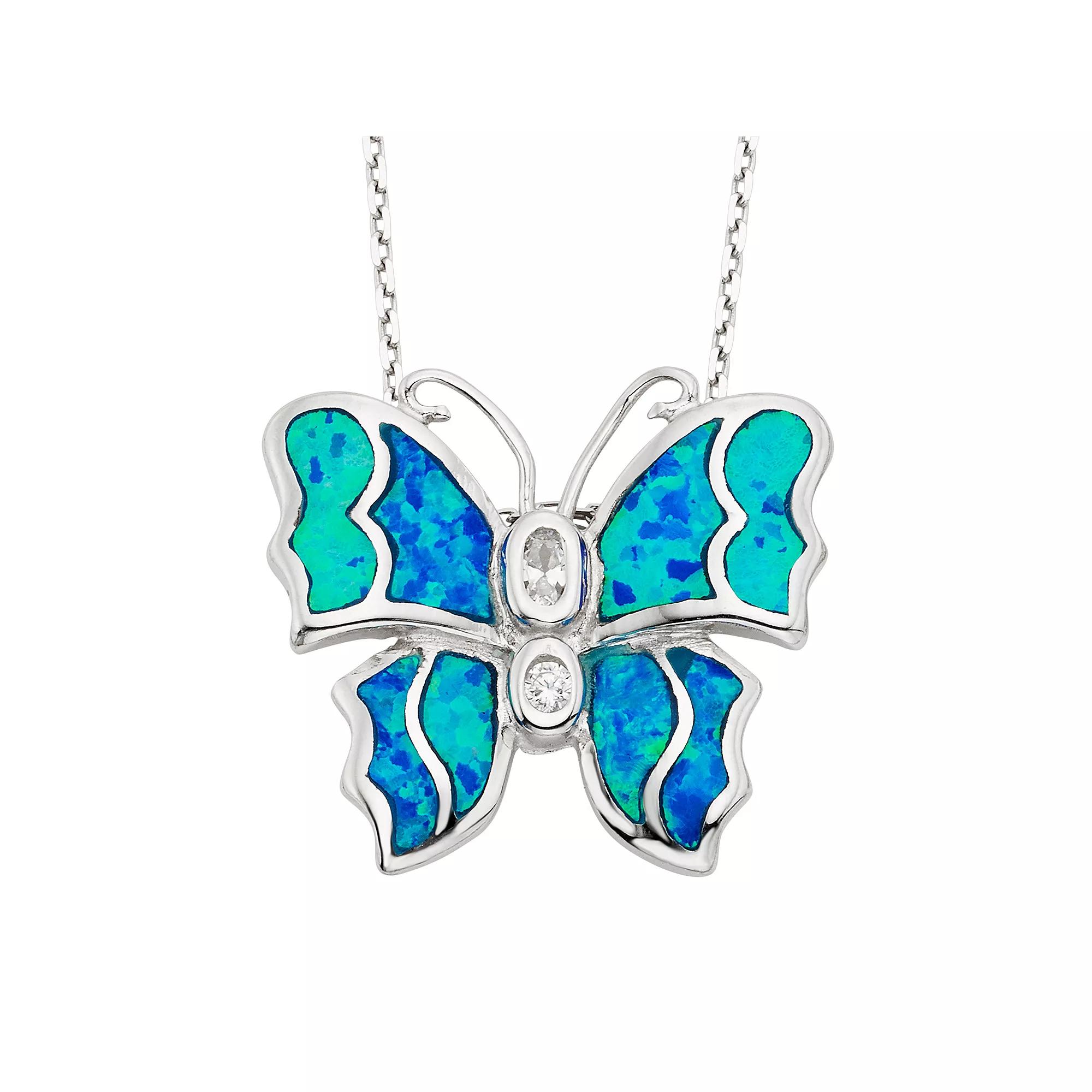 Lab-Created Blue Opal & Cubic Zirconia Sterling Silver Butterfly Pendant Necklace, Women's, Size: 18" Product Image